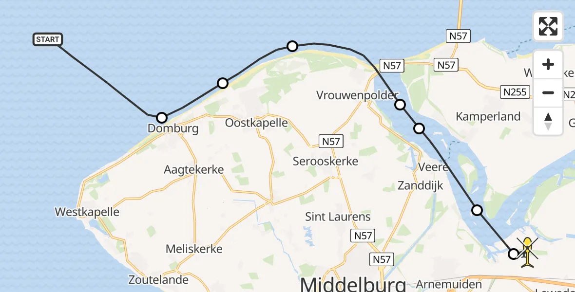 Routekaart van de vlucht: Kustwachthelikopter naar Vliegveld Midden-Zeeland, Calandweg