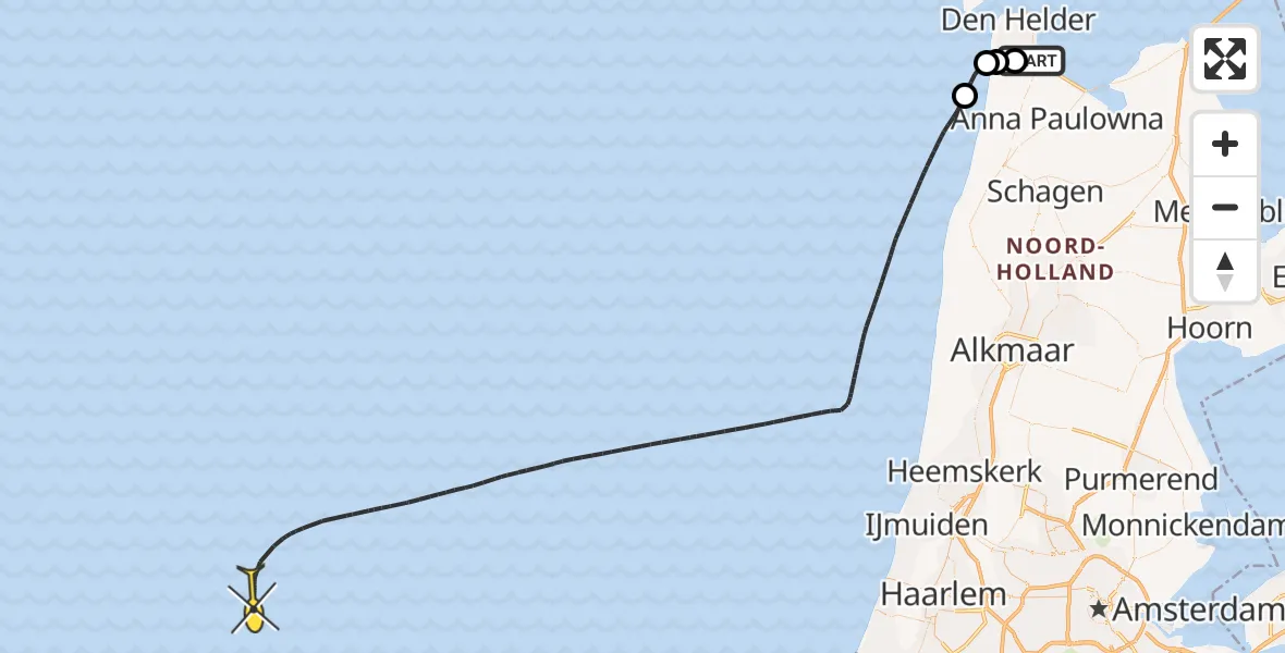 Routekaart van de vlucht: Kustwachthelikopter naar Hendrik hoeve