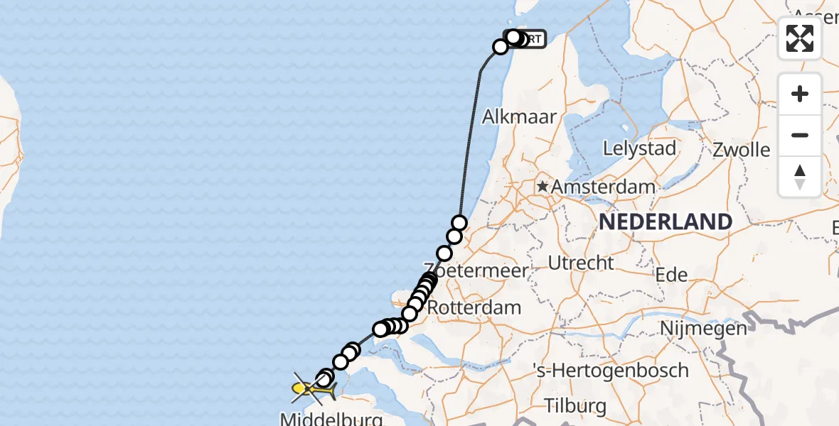 Routekaart van de vlucht: Kustwachthelikopter naar Roompot