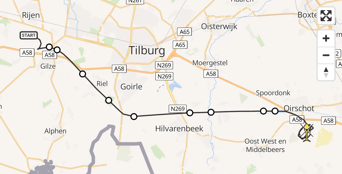 Routekaart van de vlucht: Politieheli naar Oirschot, Wintelresedijk