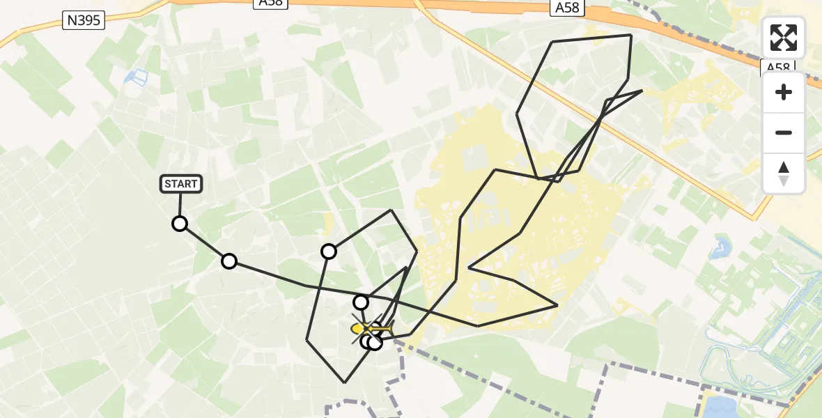 Routekaart van de vlucht: Politieheli naar Oost West en Middelbeers, Oirschotsedijk