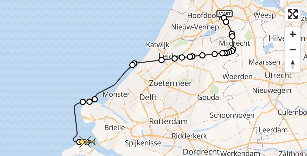 Routekaart van de vlucht: Politieheli naar Goedereede, Amsterdam-Bataviaweg