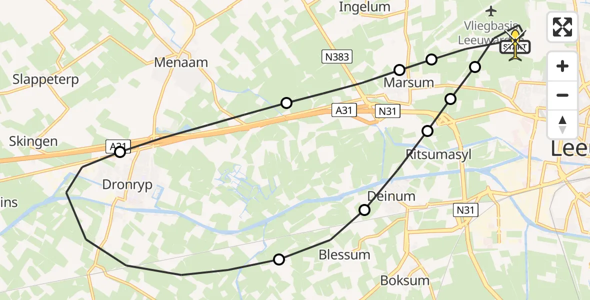 Routekaart van de vlucht: Ambulancehelikopter naar Vliegbasis Leeuwarden, Keegsdijkje