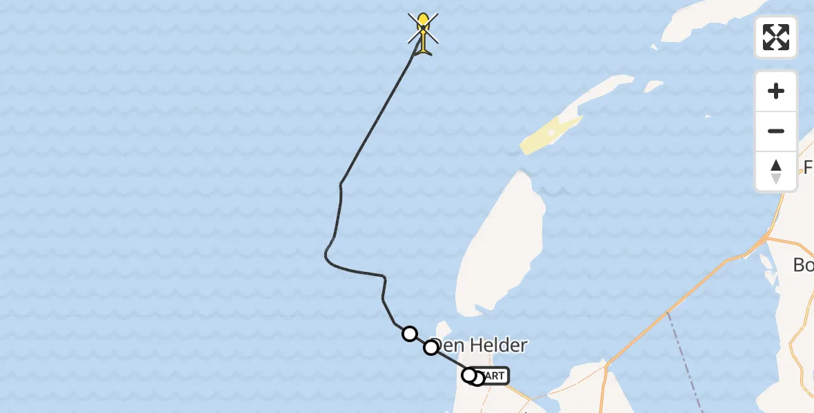 Routekaart van de vlucht: Kustwachthelikopter naar Middenvliet