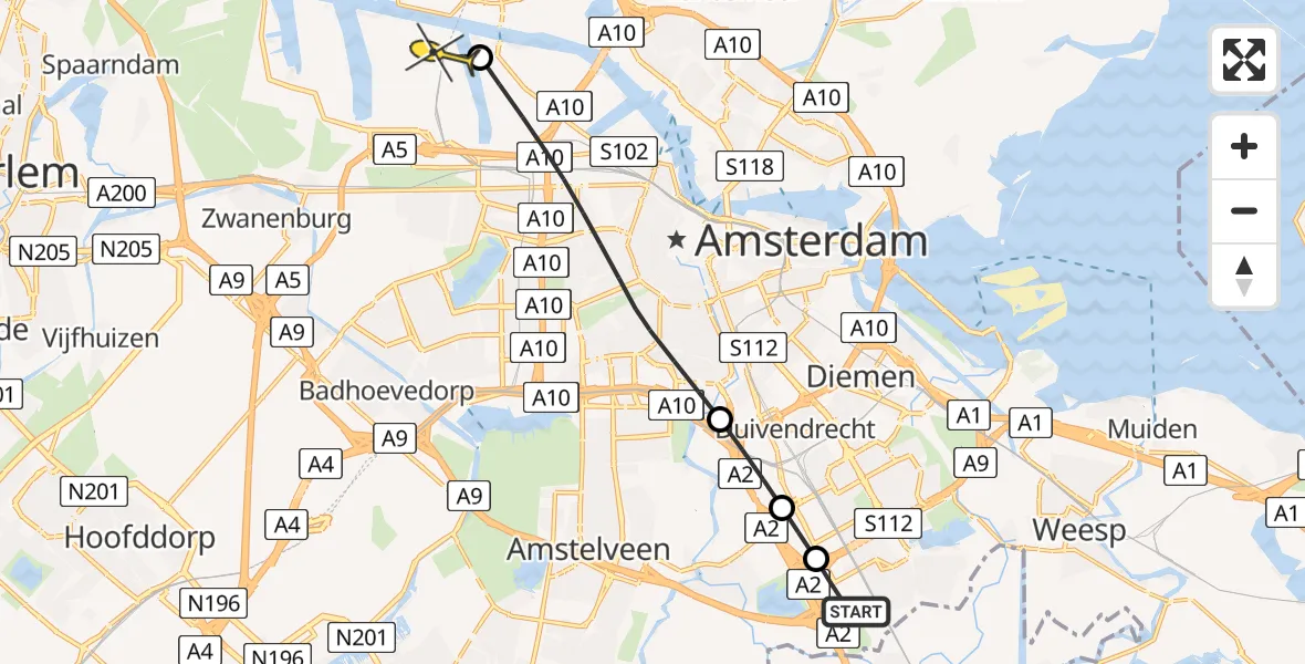 Routekaart van de vlucht: Lifeliner 1 naar Amsterdam Heliport, Hornweg