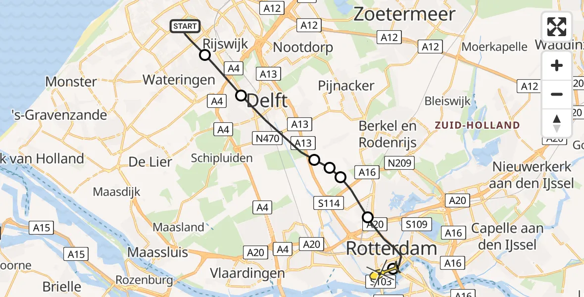 Routekaart van de vlucht: Lifeliner 2 naar Erasmus MC, Westzeedijk