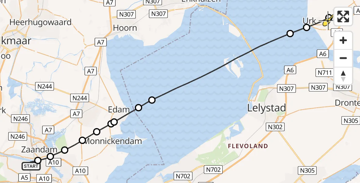 Routekaart van de vlucht: Lifeliner 1 naar Tollebeek, Urkerweg