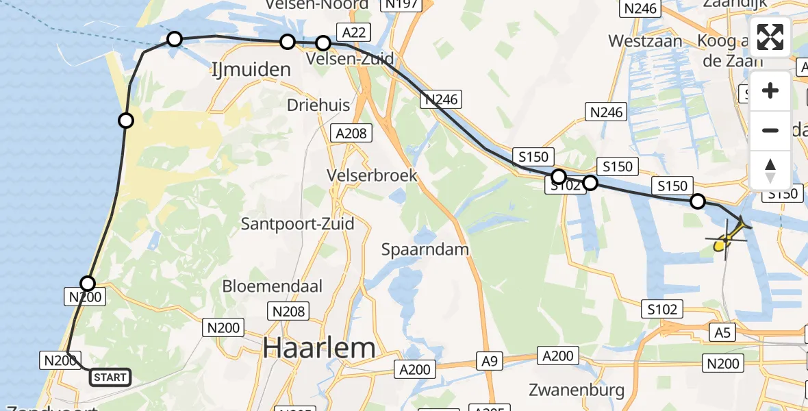 Routekaart van de vlucht: Lifeliner 1 naar Amsterdam Heliport, Capriweg