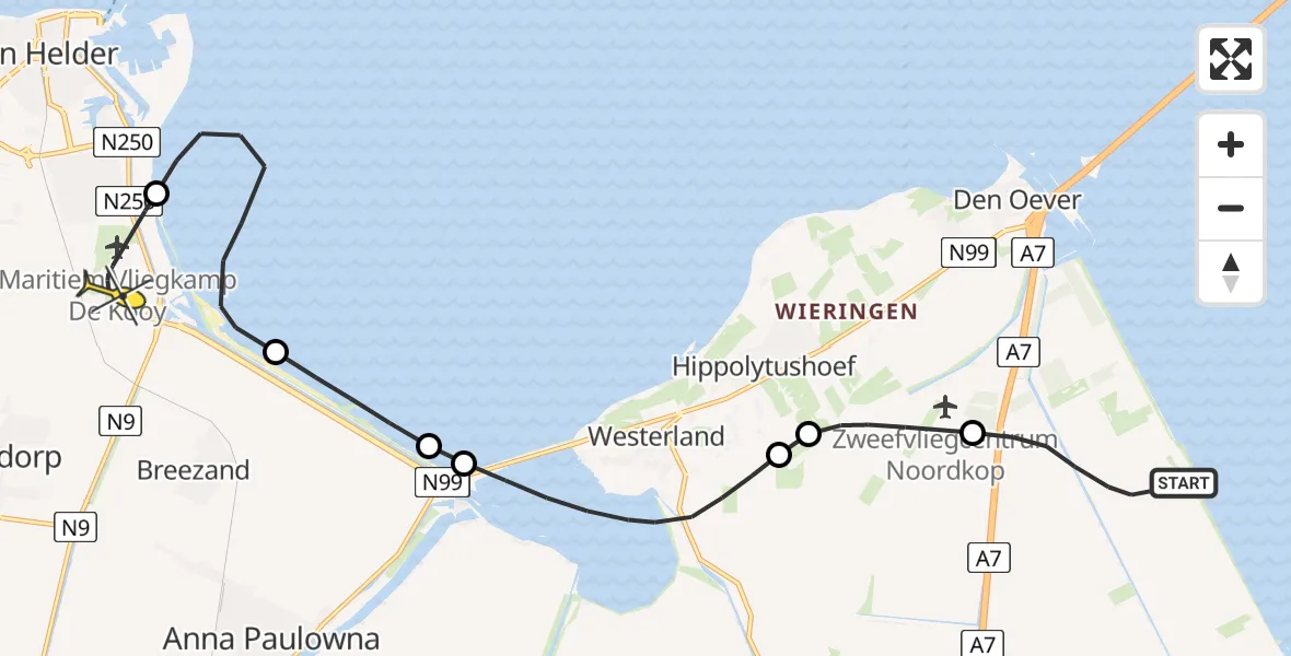 Routekaart van de vlucht: Politiehelikopter naar Vliegveld De Kooy, Rijksweg