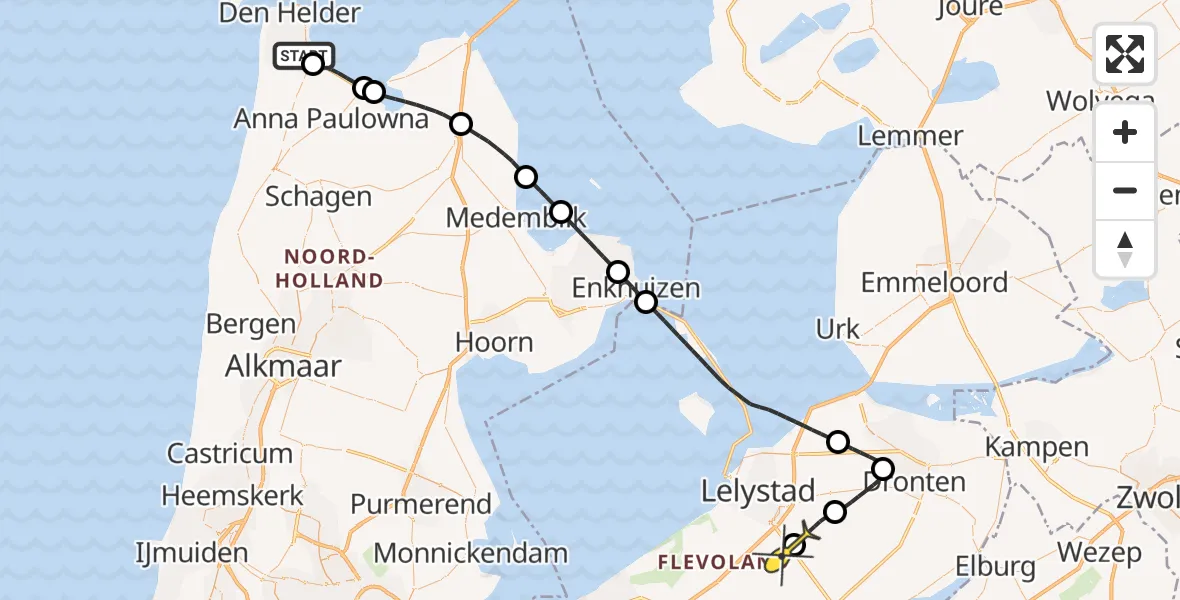 Routekaart van de vlucht: Kustwachthelikopter naar Lelystad Airport, Arendweg