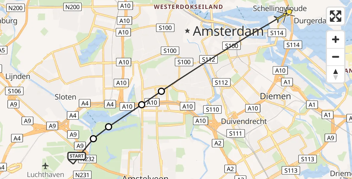 Routekaart van de vlucht: Politieheli naar Amsterdam, Schellingwouderdijk