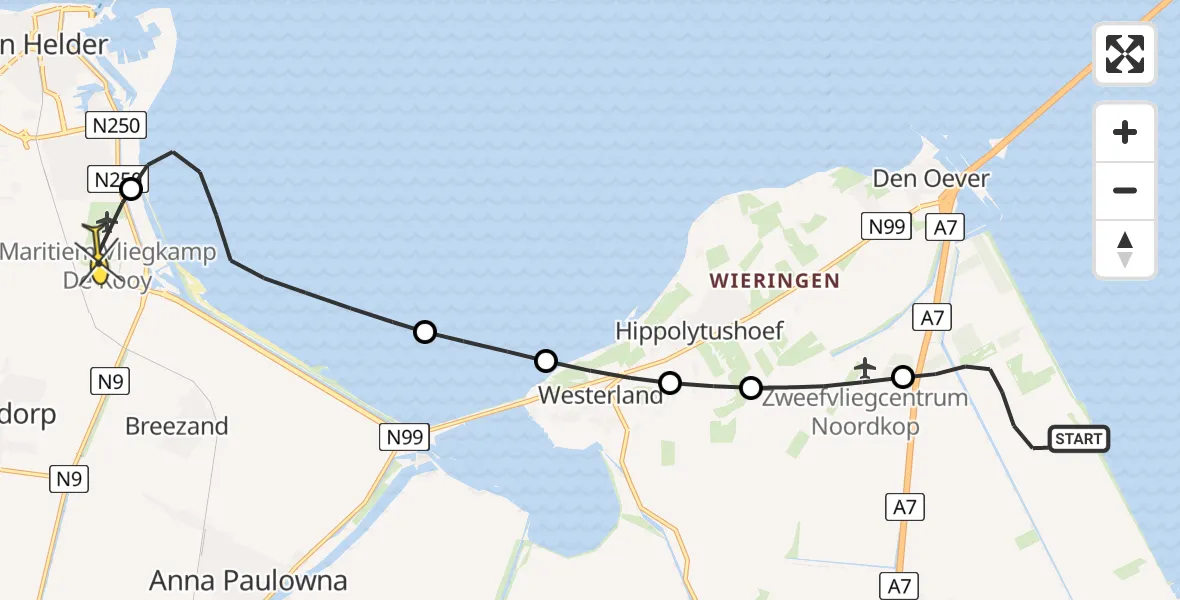 Routekaart van de vlucht: Politieheli naar Vliegveld De Kooy, Luchthavenweg