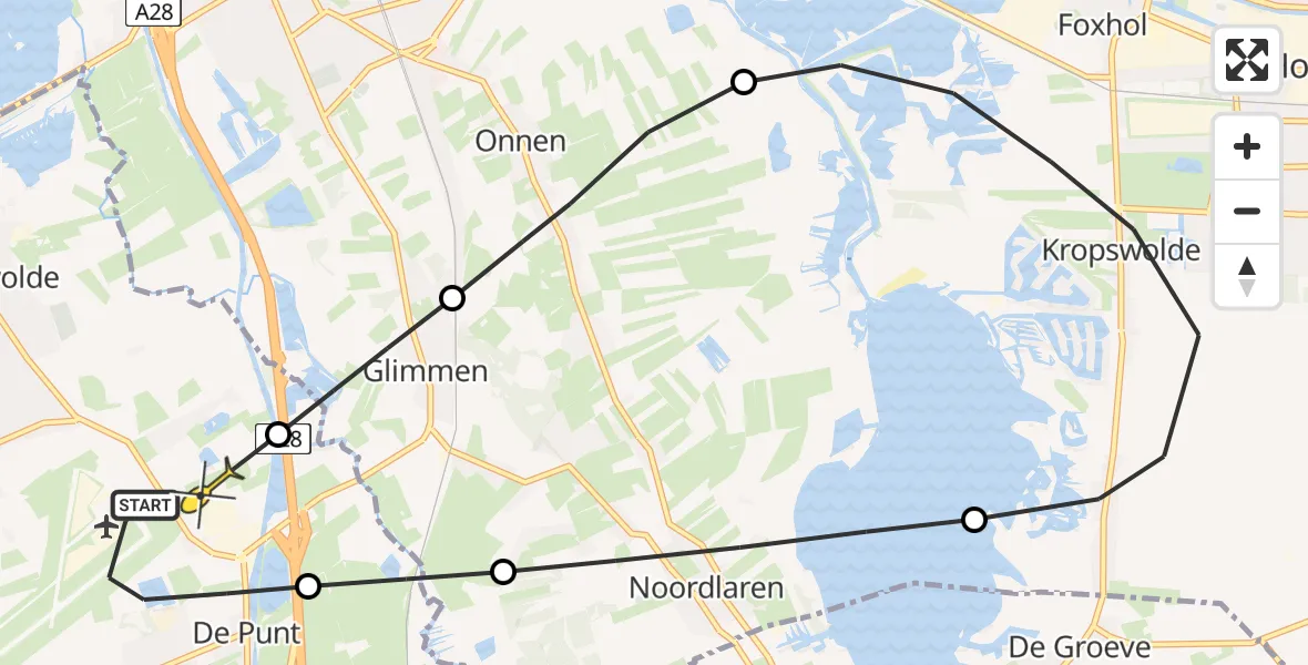 Routekaart van de vlucht: Lifeliner 4 naar Eelde, Burgemeester J.G. Legroweg