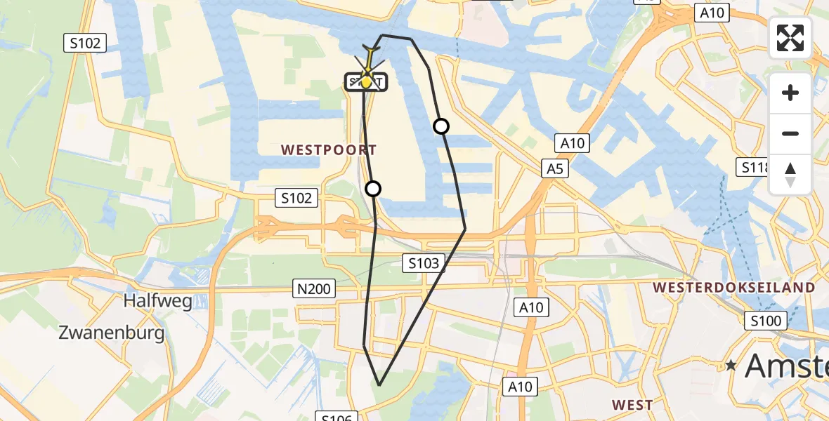 Routekaart van de vlucht: Traumahelikopter naar Amsterdam Heliport, Capriweg