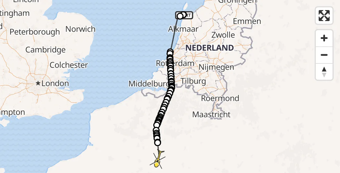 Routekaart van de vlucht: Kustwachthelikopter naar Middenvliet