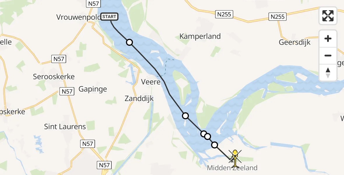Routekaart van de vlucht: Kustwachthelikopter naar Vliegveld Midden-Zeeland, Calandweg