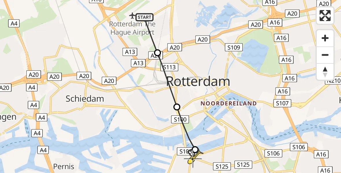 Routekaart van de vlucht: Lifeliner 2 naar Rotterdam, Maastunnelplein