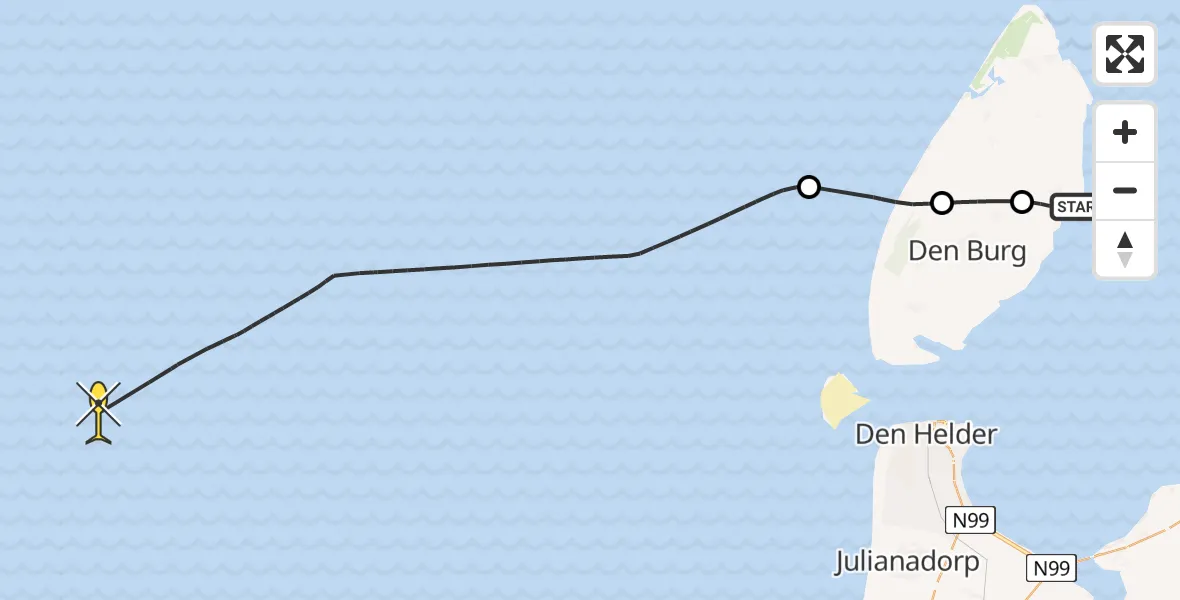 Routekaart van de vlucht: Kustwachthelikopter naar Nieuweschild