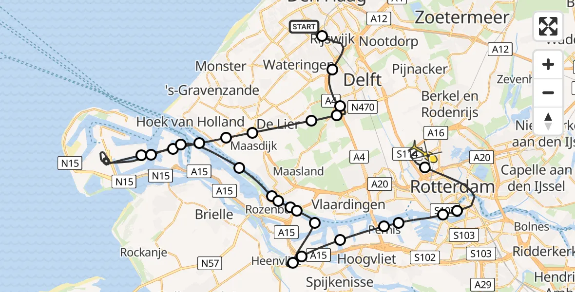 Routekaart van de vlucht: Politiehelikopter naar Rotterdam The Hague Airport, Brandenburgbaan