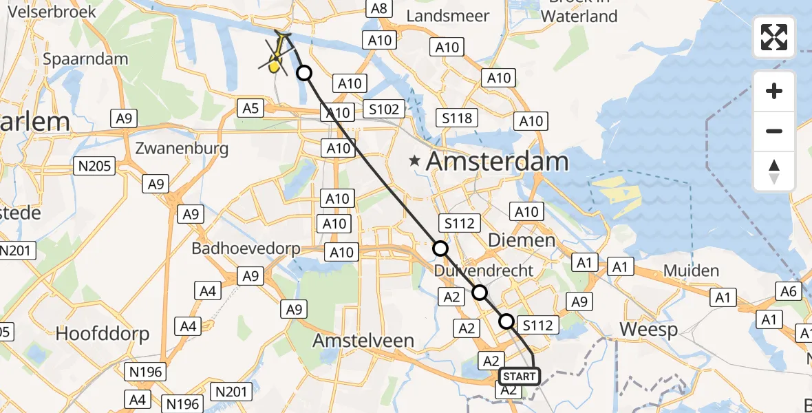 Routekaart van de vlucht: Lifeliner 1 naar Amsterdam Heliport, Hornweg