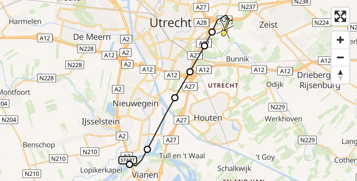 Routekaart van de vlucht: Lifeliner 1 naar Universitair Medisch Centrum Utrecht, UMC Ambulancetunnel
