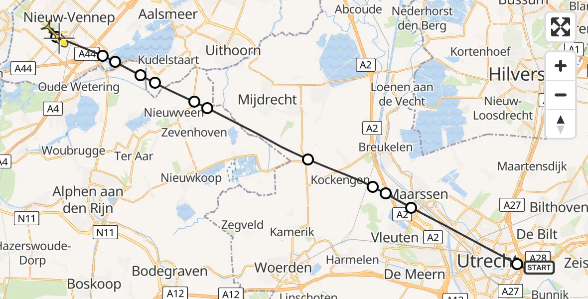 Routekaart van de vlucht: Lifeliner 1 naar Nieuw-Vennep, Leimuiderweg