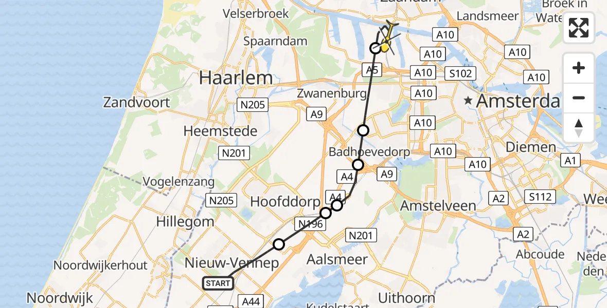 Routekaart van de vlucht: Lifeliner 1 naar Amsterdam Heliport, Capriweg