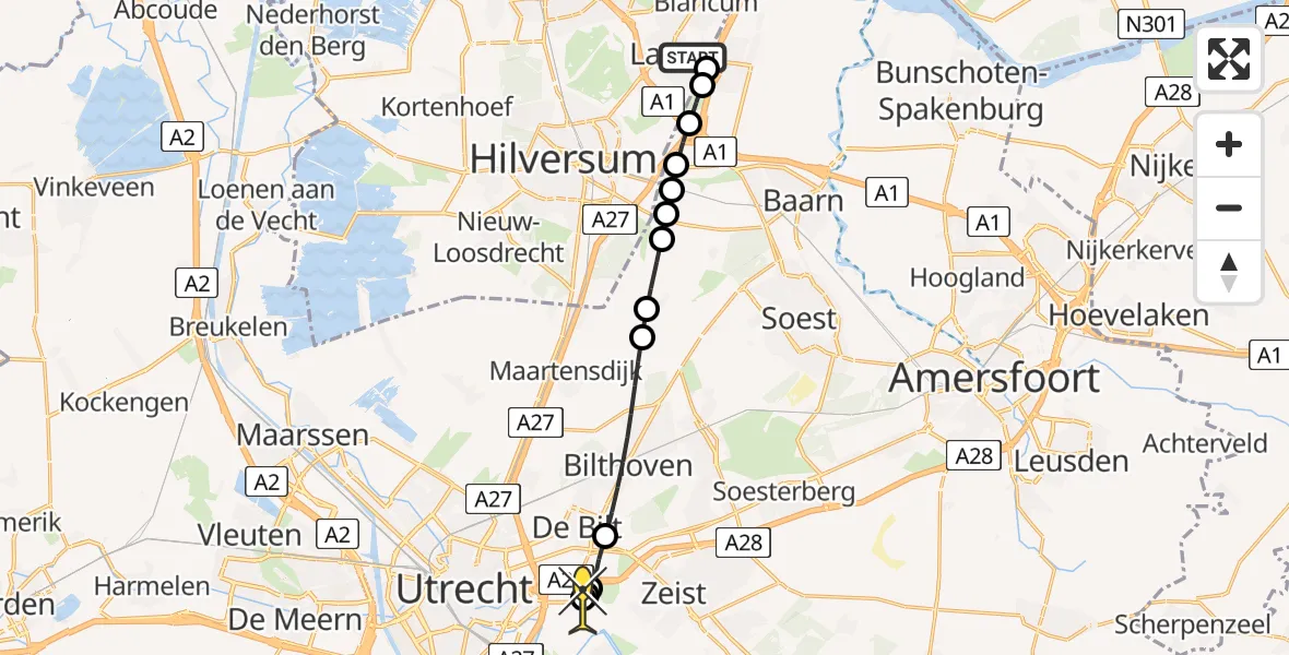 Routekaart van de vlucht: Lifeliner 1 naar Universitair Medisch Centrum Utrecht, Universitair Medisch Centrum Utrecht