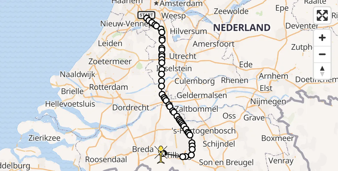 Routekaart van de vlucht: Politiehelikopter naar Vliegbasis Gilze Rijen, Vliegbasis Gilze Rijen