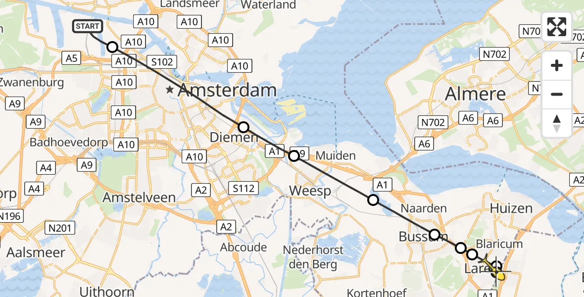 Routekaart van de vlucht: Lifeliner 1 naar Laren, Schapendrift