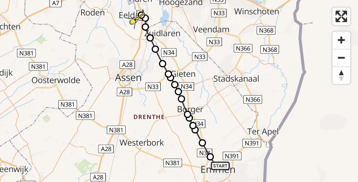 Routekaart van de vlucht: Lifeliner 4 naar Eelde, Burgemeester J.G. Legroweg