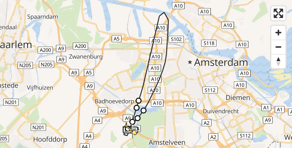 Routekaart van de vlucht: Politiehelikopter naar Amsterdam Vliegveld Schiphol, Amsterdam Vliegveld Schiphol