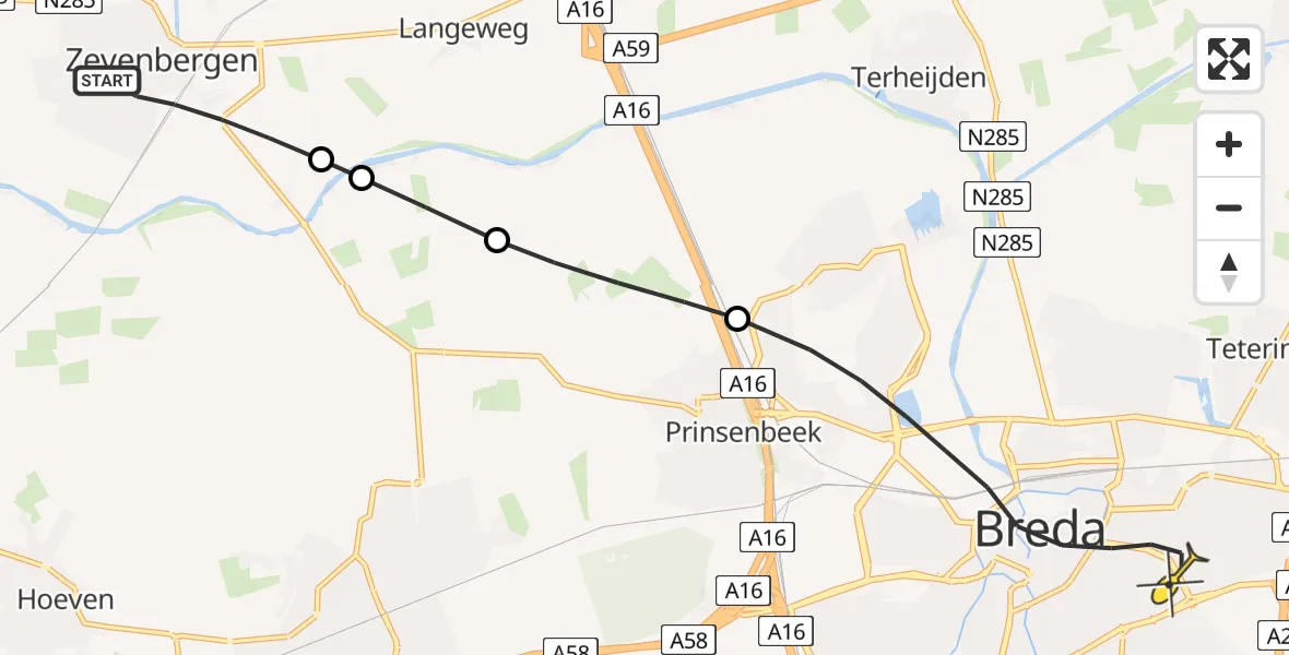 Routekaart van de vlucht: Lifeliner 2 naar Breda, Claudius Prinsenlaan