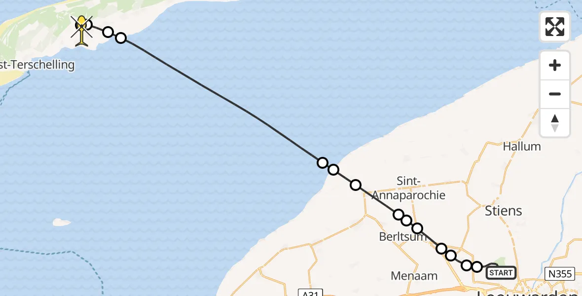 Routekaart van de vlucht: Ambulancehelikopter naar Terschelling Heliport, Terschelling Heliport