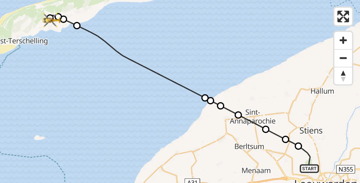 Routekaart van de vlucht: Ambulancehelikopter naar Terschelling Heliport, Terschelling Heliport