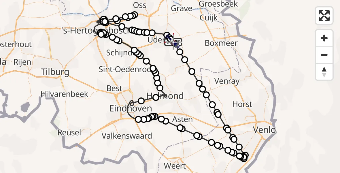 Routekaart van de vlucht: Politiehelikopter naar Vliegbasis Volkel, Vliegbasis Volkel