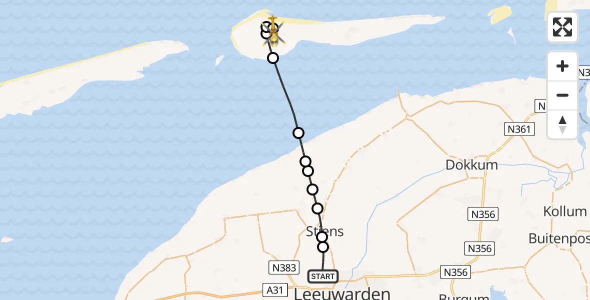 Routekaart van de vlucht: Ambulancehelikopter naar Ameland Vliegveld Ballum, Ameland Vliegveld Ballum