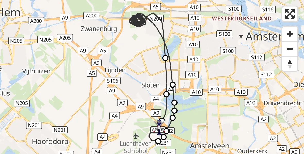 Routekaart van de vlucht: Politiehelikopter naar Amsterdam Vliegveld Schiphol, Amsterdam Vliegveld Schiphol