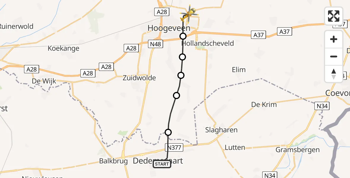 Routekaart van de vlucht: Lifeliner 4 naar Hoogeveen, Edisonstraat