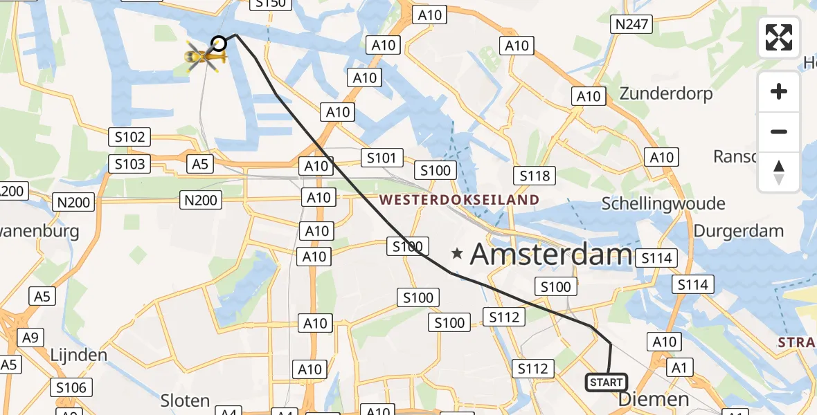 Routekaart van de vlucht: Lifeliner 1 naar Amsterdam Heliport, Amsterdam Heliport