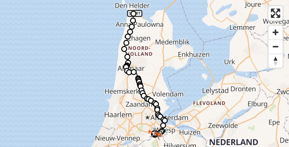 Routekaart van de vlucht: Kustwachthelikopter naar Amsterdam UMC Helipad, Amsterdam UMC Helipad