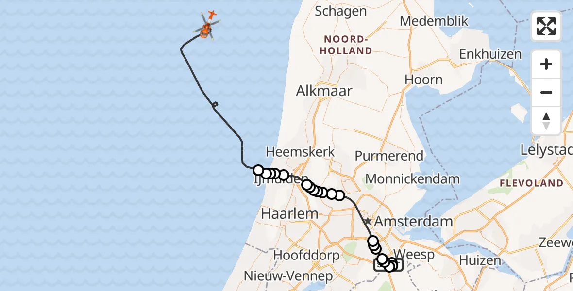 Routekaart van de vlucht: Kustwachthelikopter naar Noordzee, Noordzee