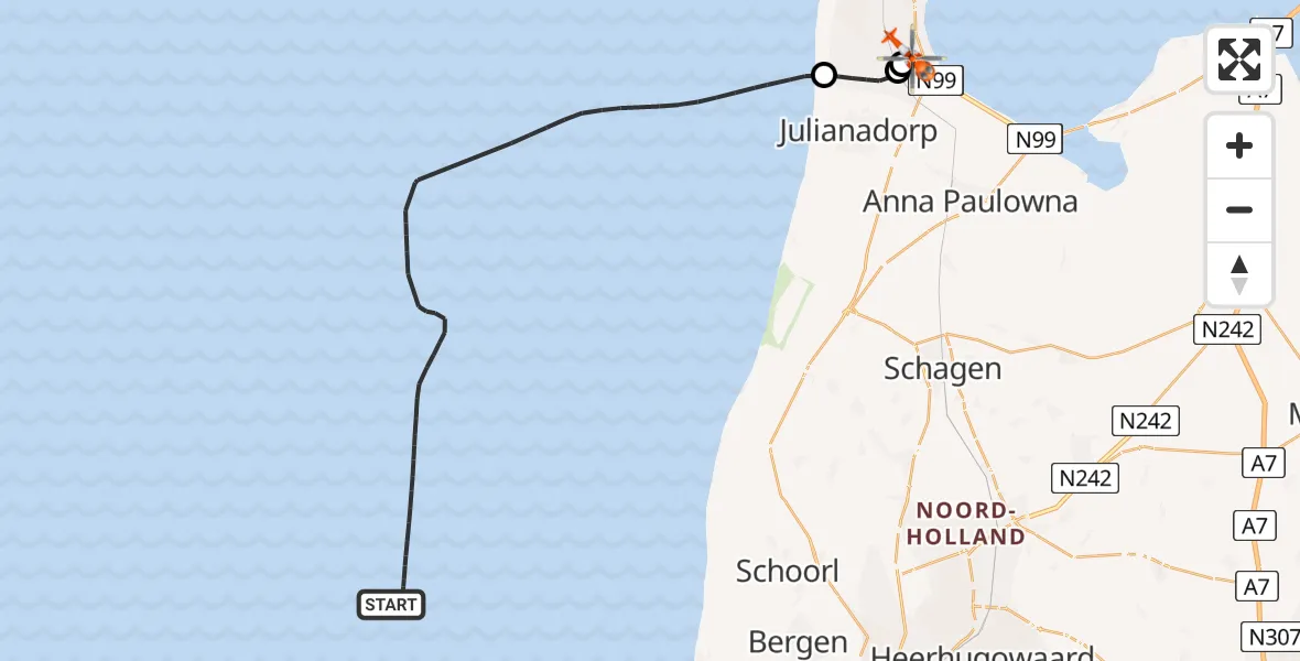 Routekaart van de vlucht: Kustwachthelikopter naar Militair vliegveld De Kooy / Den Helder Airport, Militair vliegveld De Kooy / Den Helder Airport