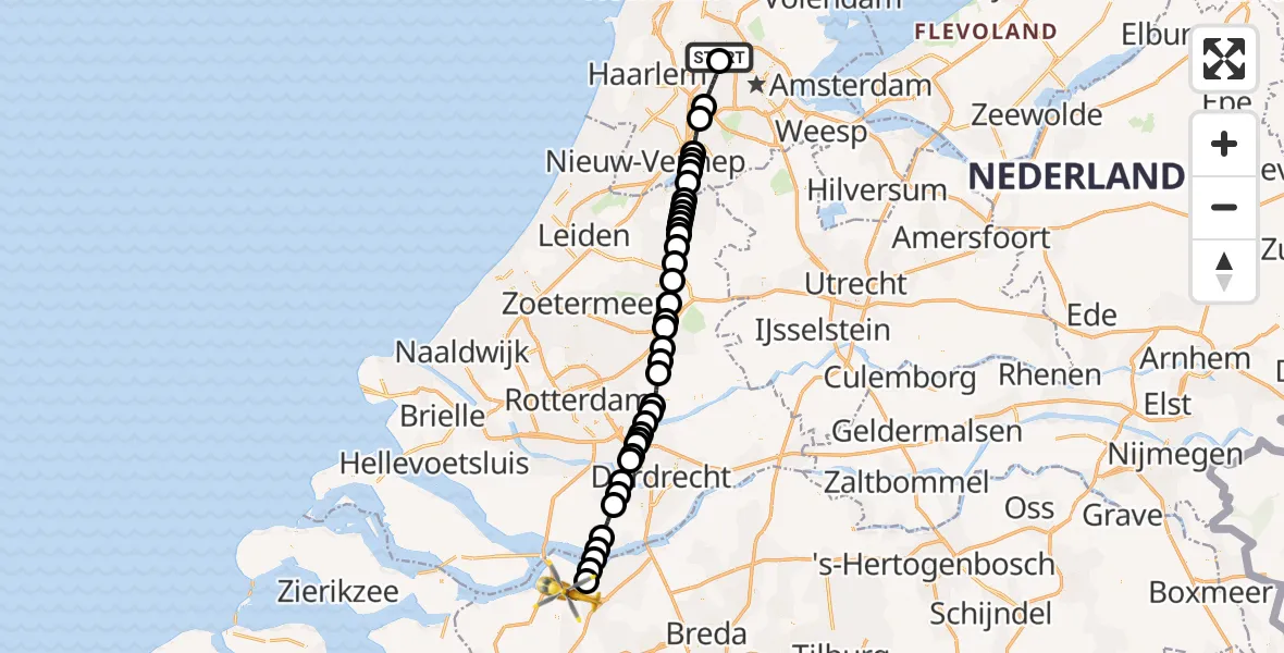 Routekaart van de vlucht: Lifeliner 1 naar Fijnaart, Rijksweg A59