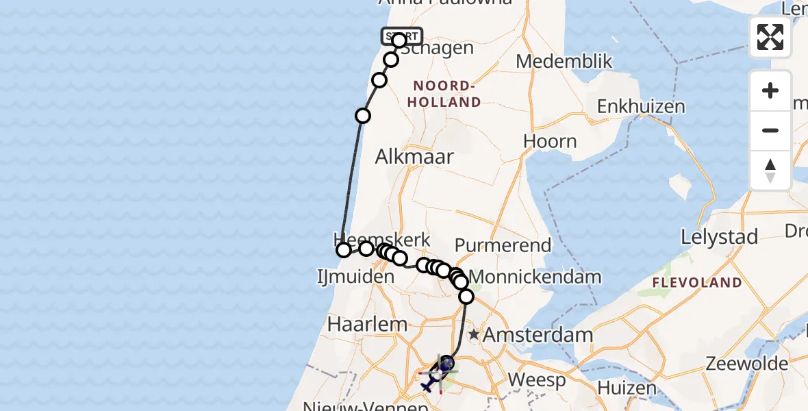Routekaart van de vlucht: Politiehelikopter naar Amsterdam Vliegveld Schiphol, Amsterdam Vliegveld Schiphol