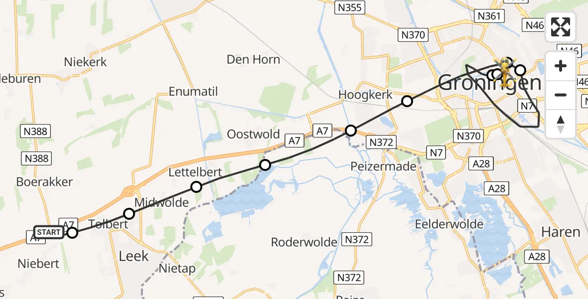 Routekaart van de vlucht: Lifeliner 4 naar Universitair Medisch Centrum Groningen, Universitair Medisch Centrum Groningen