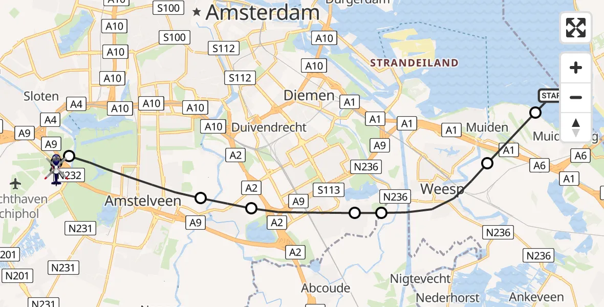 Routekaart van de vlucht: Politiehelikopter naar Amsterdam Vliegveld Schiphol, Amsterdam Vliegveld Schiphol