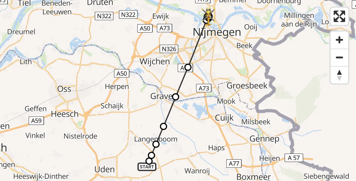 Routekaart van de vlucht: Lifeliner 3 naar Nijmegen, Oosterhoutsedijk