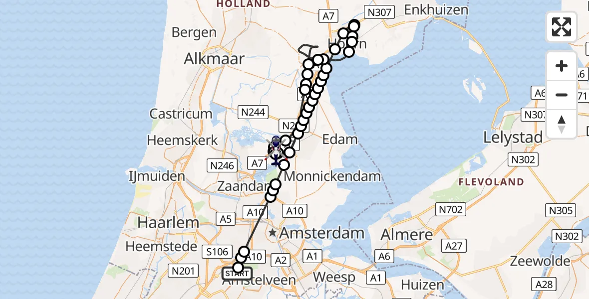Routekaart van de vlucht: Politiehelikopter naar Wijdewormer, Oosterdwarsweg