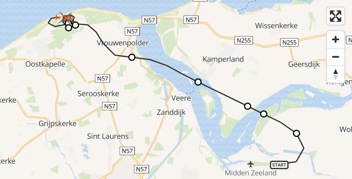 Routekaart van de vlucht: Kustwachthelikopter naar Oostkapelle, Strand Oostkapelle